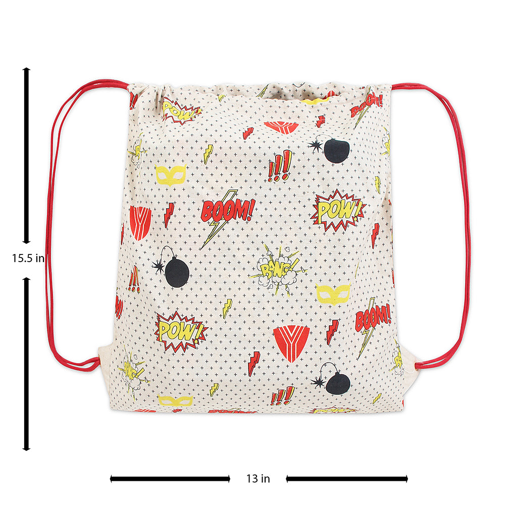 Super Hero Themed Print Drawstring Bag