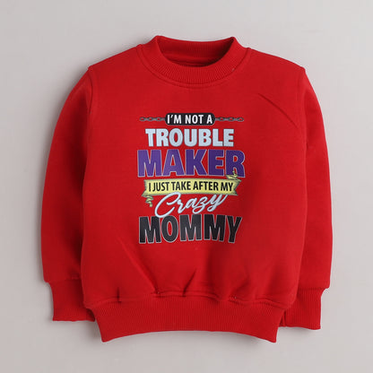 Knitting Doodles Fleece Kid's Red Round Neck Troublemaker Print Sweatshirt- Red