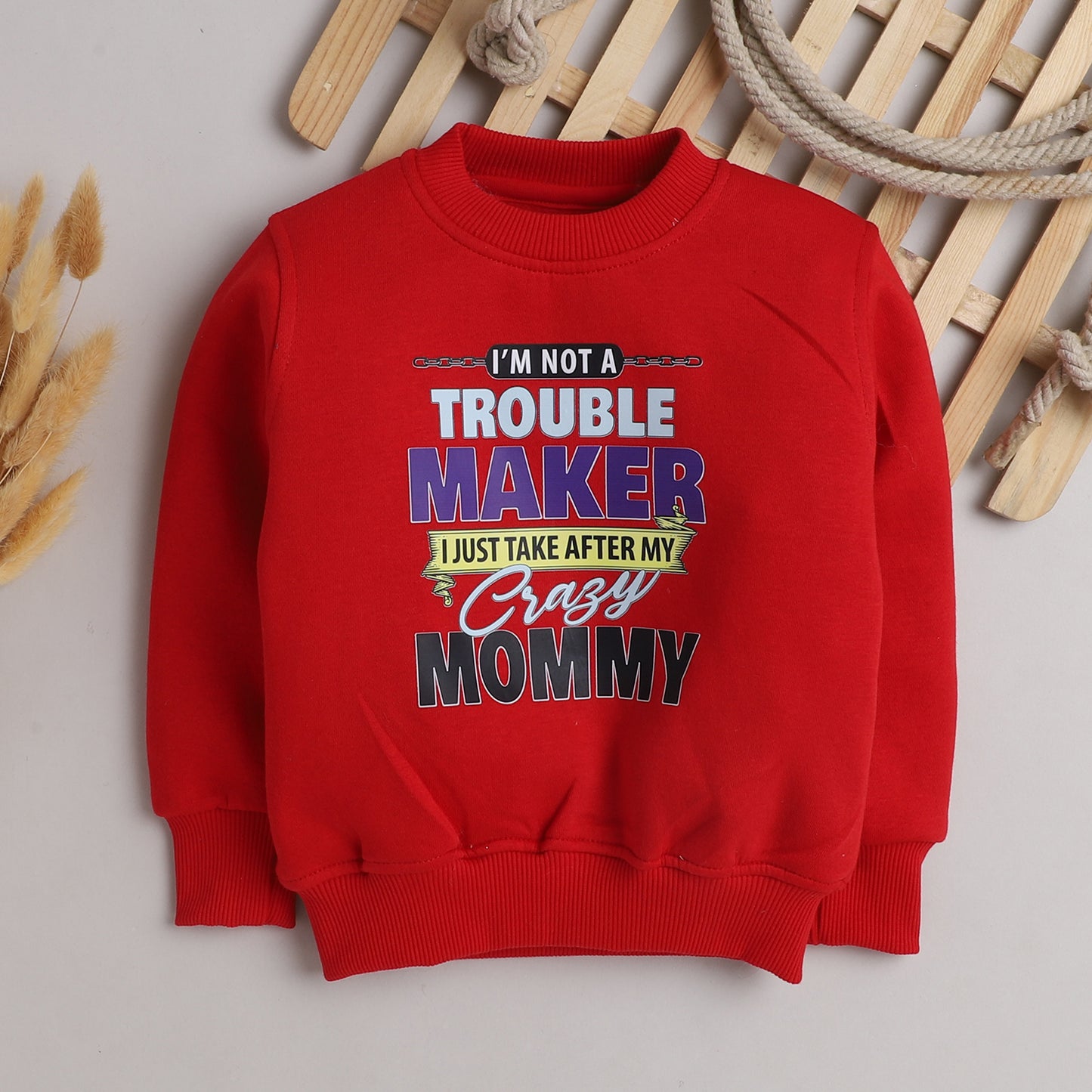 Knitting Doodles Fleece Kid's Red Round Neck Troublemaker Print Sweatshirt- Red