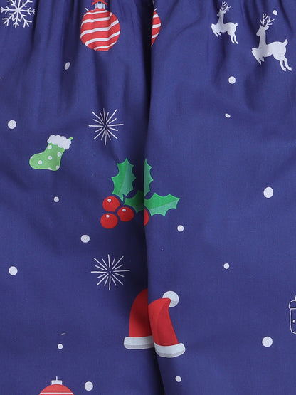 Christmas Print Night Suit- Dark Blue