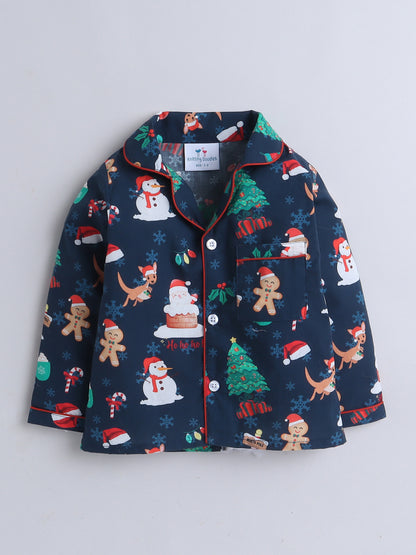 Christmas theme Print Nightsuit- Dark Blue