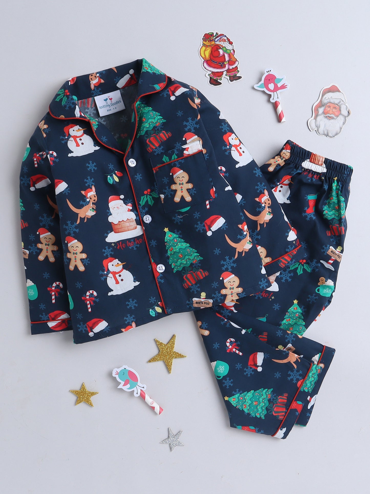 Christmas theme Print Nightsuit- Dark Blue