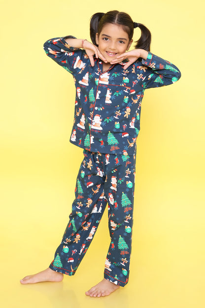 Christmas theme Print Nightsuit- Dark Blue