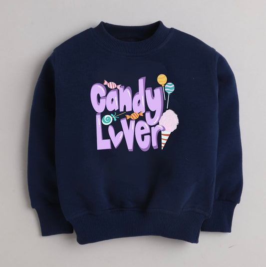 Candy Lover Print Sweatshirt with Fleece Lining- Navy