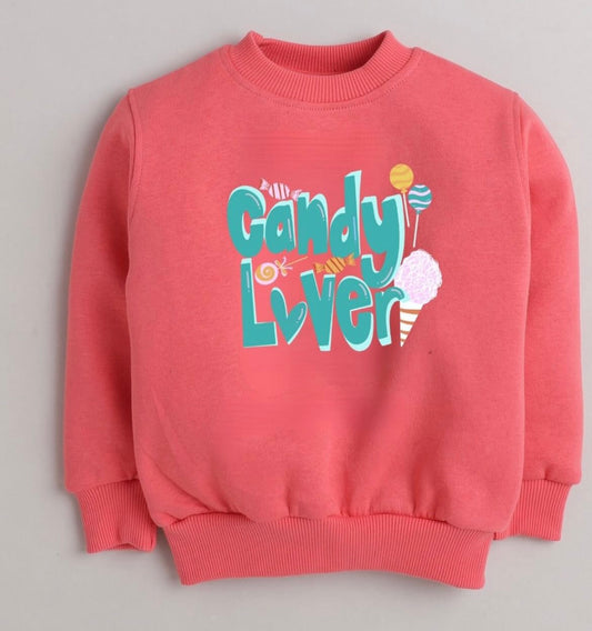 Candy Lover Print Sweatshirt with Fleece Lining- Pink
