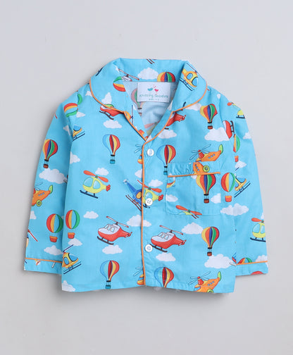 Knitting Doodles Premium cotton Kids' Notched Collar Night suit in cute Air vehicles  Print- Blue