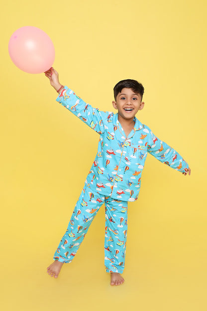 Knitting Doodles Premium cotton Kids' Notched Collar Night suit in cute Air vehicles  Print- Blue