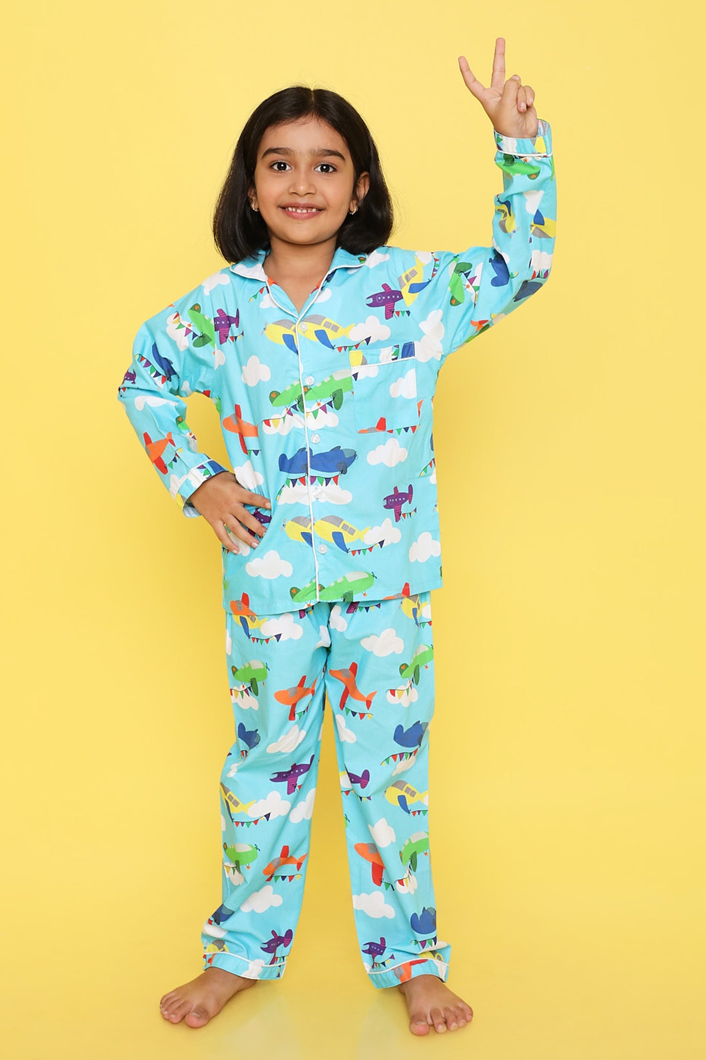 Knitting Doodles Premium cotton Kids' Notched Collar Night suit in cute Aeroplanes  Print- Blue