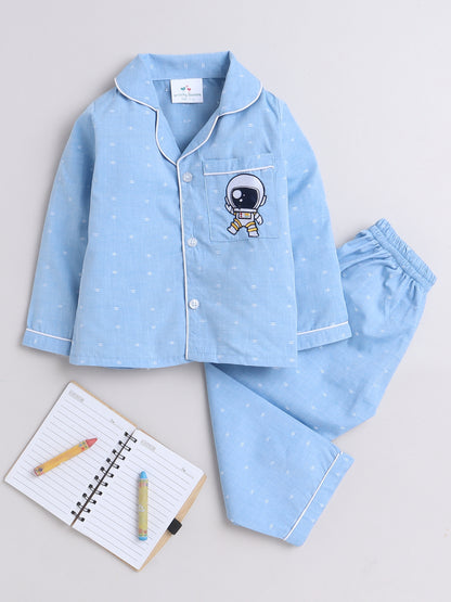 Blue Chambray Nightsuit with Astronaut Embroidery on Pocket