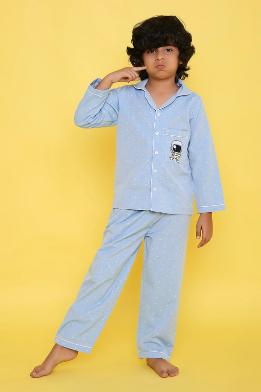Blue Nightsuit with Astronaut Embrodiery on Pocket