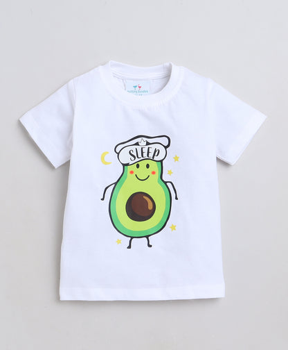 Knitting Doodles Premium Cotton Kids' Night suit with Avcado print t-shirt and Pyjama- White and Blue