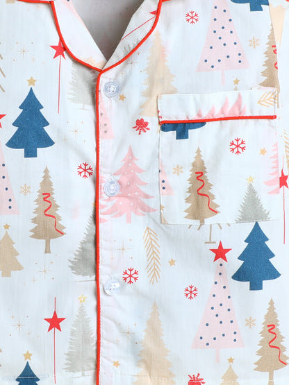 Christmas Trees Print Nightsuit- Beige
