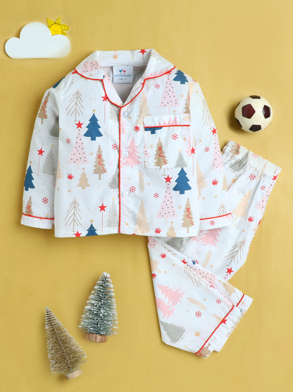 Christmas Trees Print Nightsuit- Beige