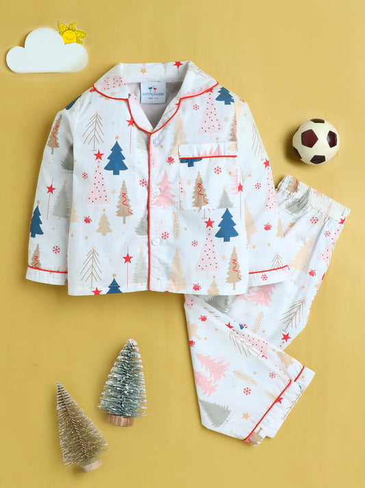 Christmas Trees Print Nightsuit- Beige