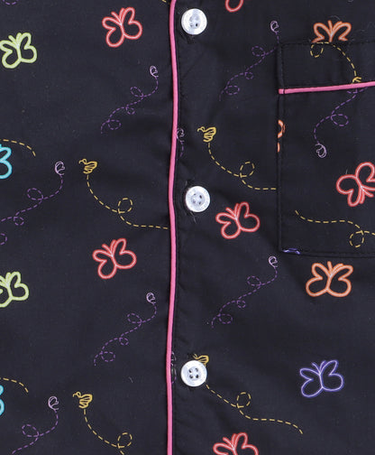 Knitting Doodles Premium cotton Kids' Notched Collar Night suit in Smart Butterflies Print- Black