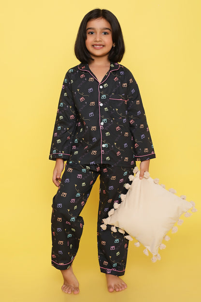 Knitting Doodles Premium cotton Kids' Notched Collar Night suit in Smart Butterflies Print- Black
