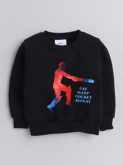 Knitting Doodles Kids' Sweat Shirt with Warm Fleece and Smart Cricket print- Black