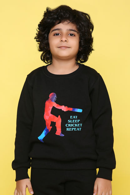 Knitting Doodles Kids' Sweat Shirt with Warm Fleece and Smart Cricket print- Black