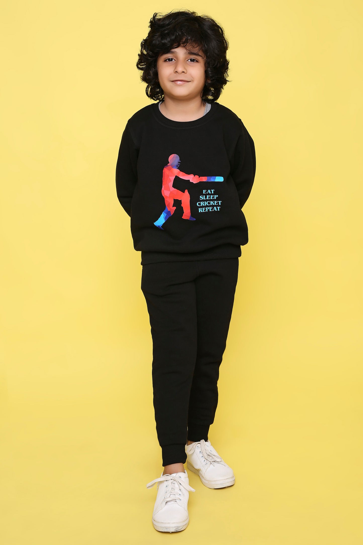 Knitting Doodles Kids' Jogger Set with Warm Fleece and Smart Cricket print- Black