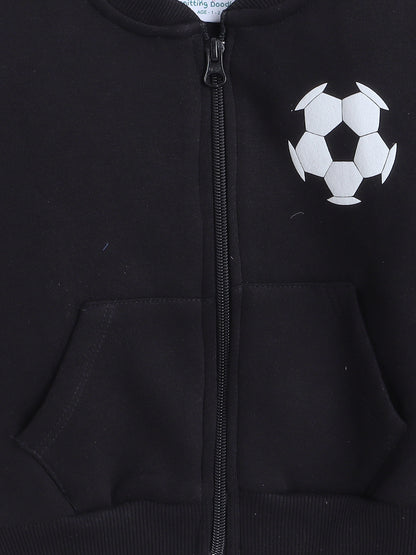 Knitting Doodles Kids' Jacket with Warm Fleece and Football Print- Black