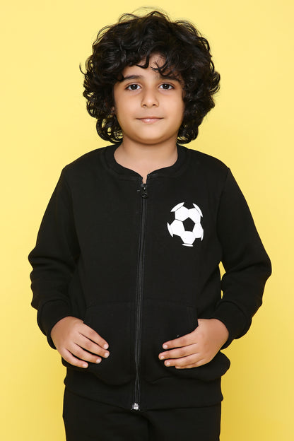 Knitting Doodles Kids' Jacket with Warm Fleece and Football Print- Black