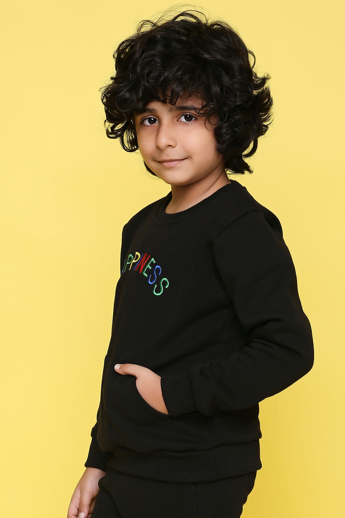 Knitting Doodles Kids' Sweat Shirt with Warm Fleece and Colourful Happiness Embroidery- Black
