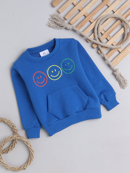 Knitting Doodles Kids' Sweat Shirt with Warm Fleece and Smart Smiley faces Print- Blue