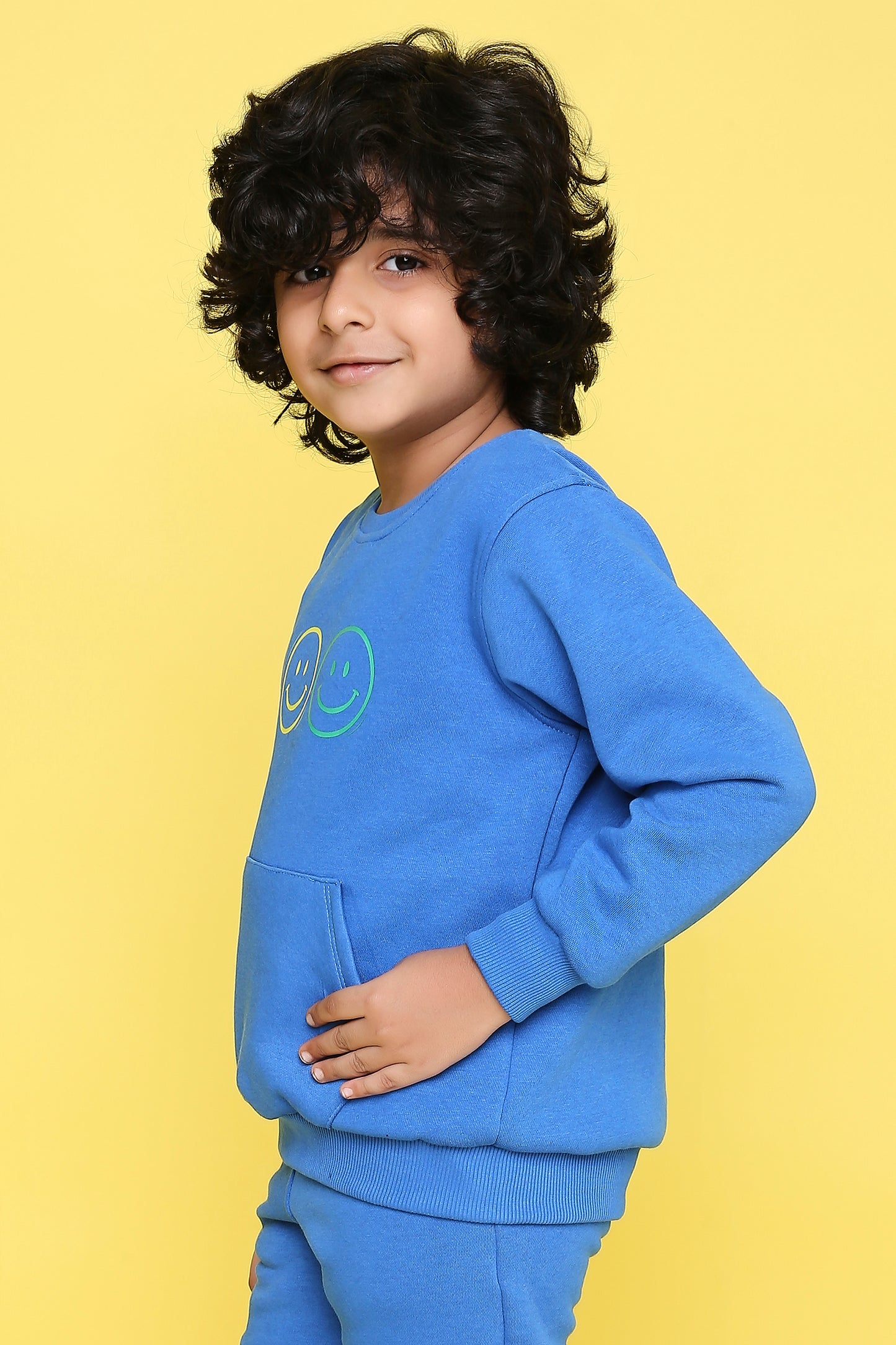 Knitting Doodles Kids' Sweat Shirt with Warm Fleece and Smart Smiley faces Print- Blue