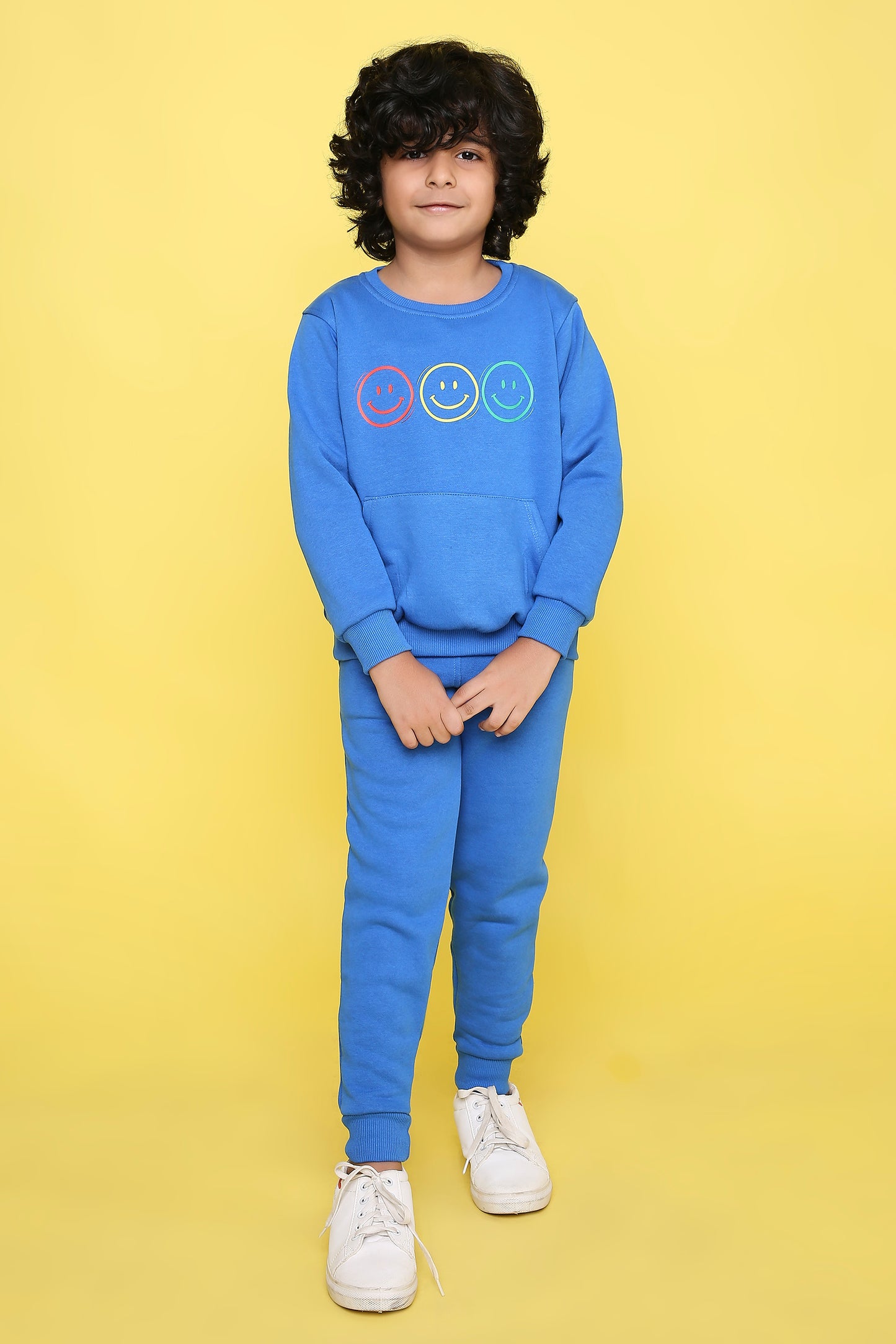 Knitting Doodles Kids' Jogger Set with Warm Fleece and Smart Smiley faces Print- Blue