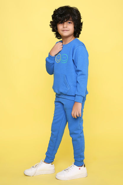 Knitting Doodles Kids' Jogger Set with Warm Fleece and Smart Smiley faces Print- Blue