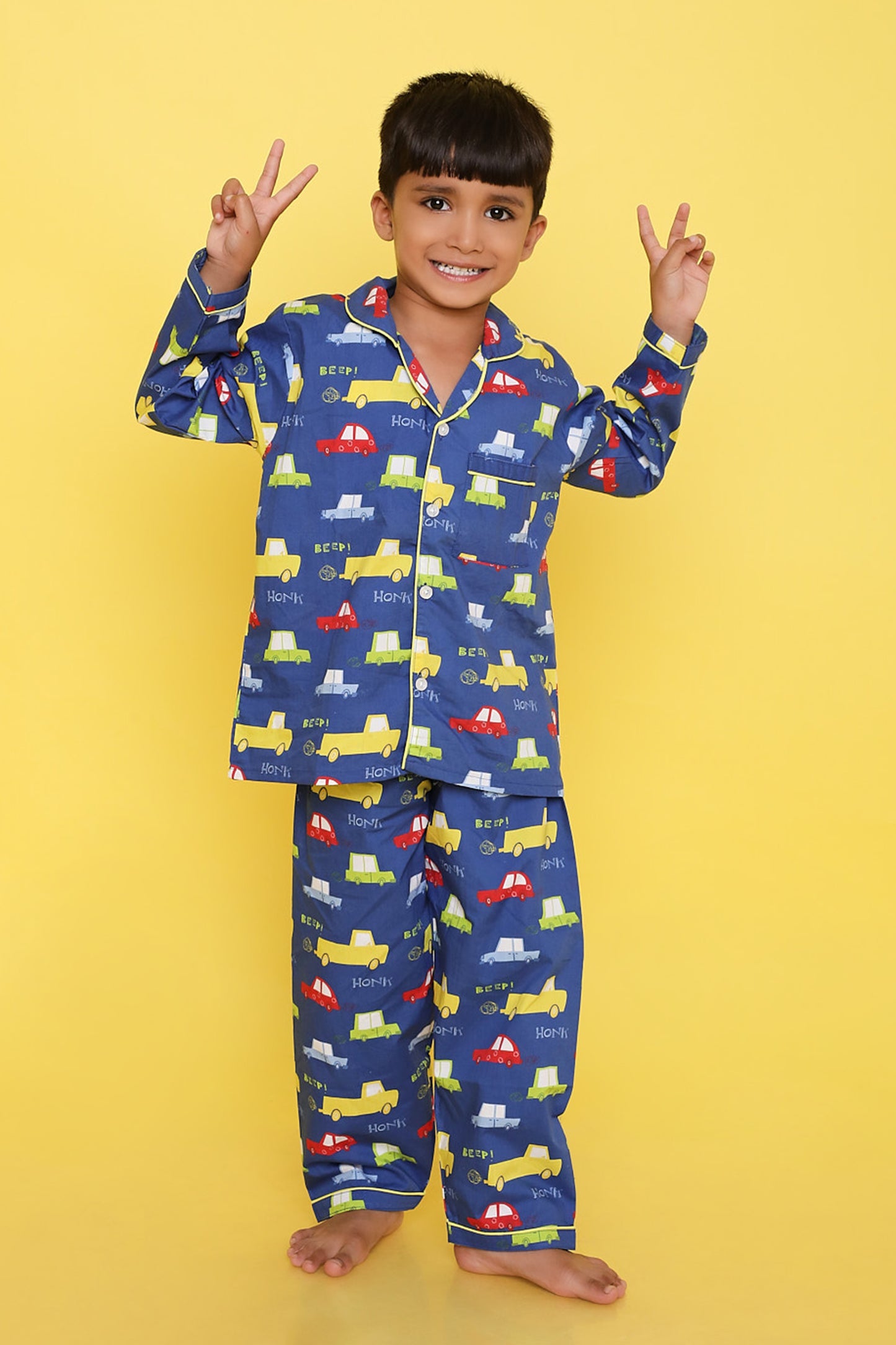 Knitting Doodles Premium cotton Kids' Notched Collar Night suit in adorable cars Print- Blue