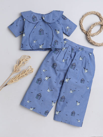 Blue Printed Coord set with Crop top and Pleated Pants