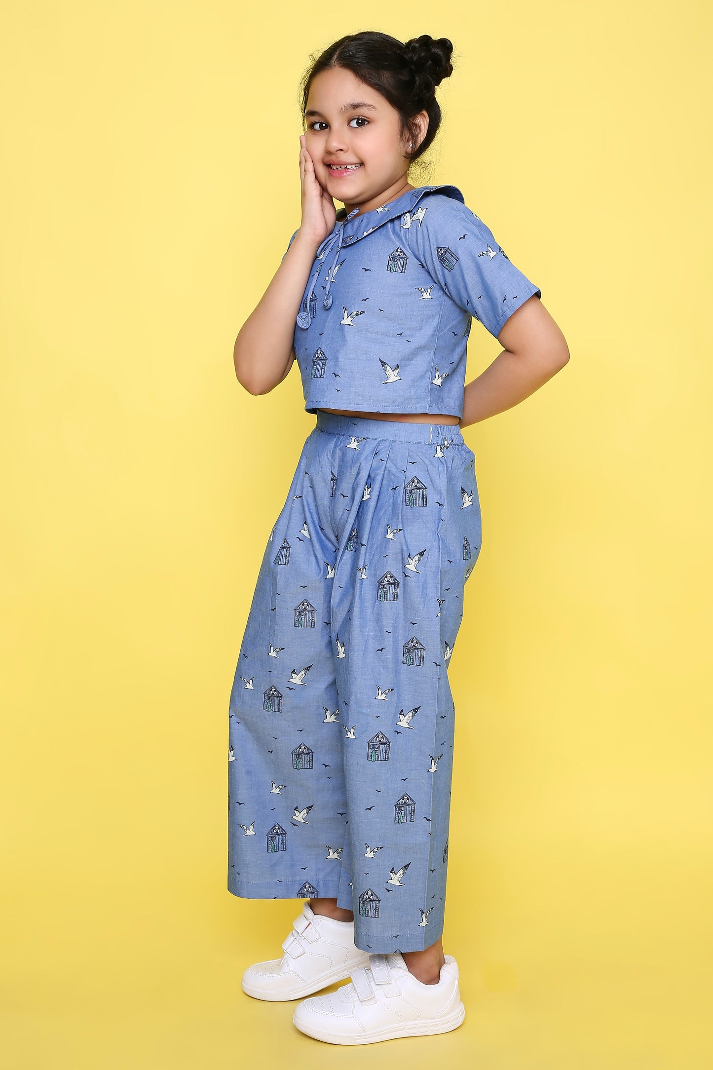 Blue Printed Coord set with Crop top and Pleated Pants