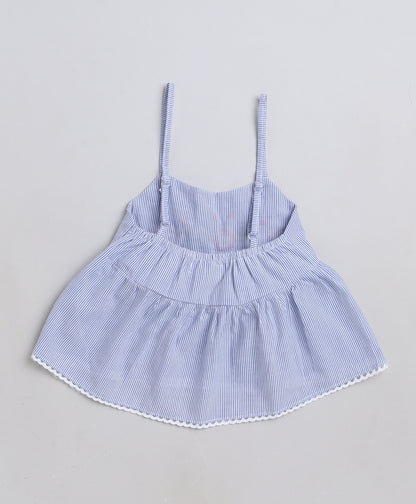 Knitting Doodles Premium Cotton Girls' Stripes Coordset with paper bag pants and crop top with Smart Floral embroidery on yolk- Blue and white
