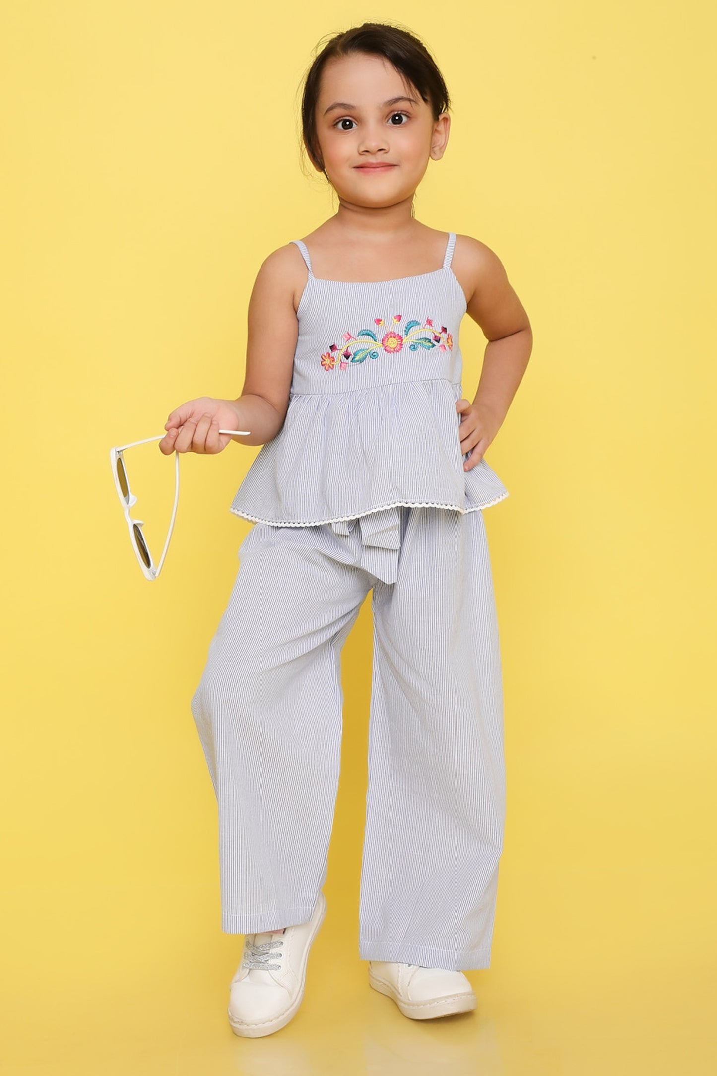 Knitting Doodles Premium Cotton Girls' Stripes Coordset with paper bag pants and crop top with Smart Floral embroidery on yolk- Blue and white