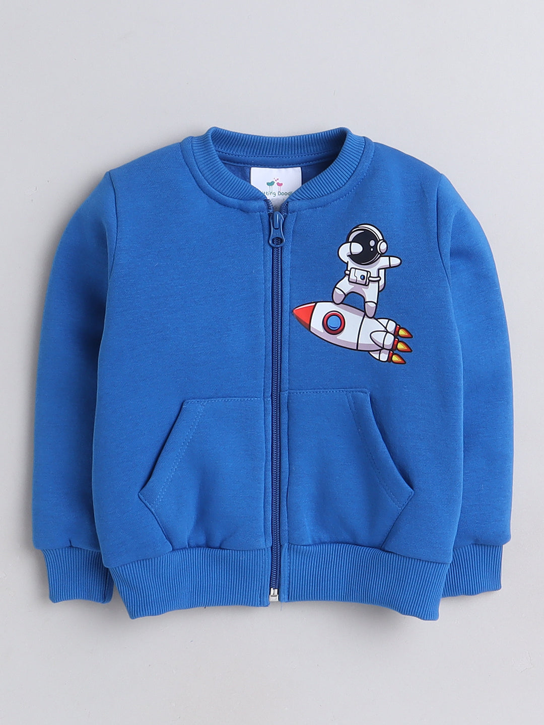 Knitting Doodles Kids' Jacket with Warm Fleece and Smart Rocket Print- Blue