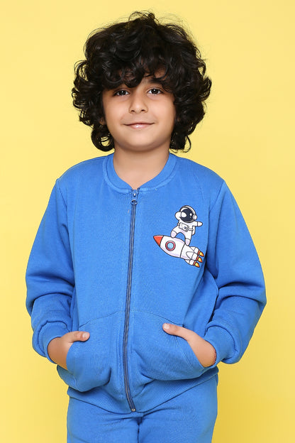 Knitting Doodles Kids' Jacket with Warm Fleece and Smart Rocket Print- Blue