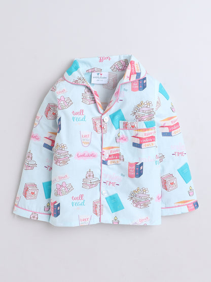 Books Print Nightsuit- Light Blue