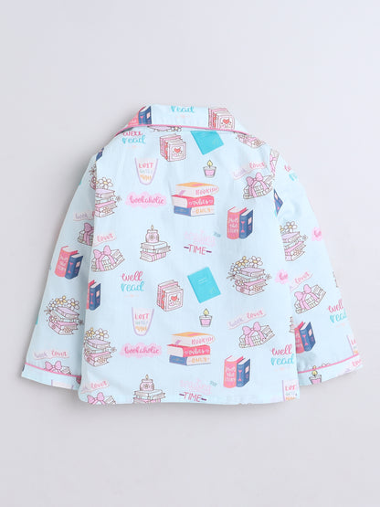 Books Print Nightsuit- Light Blue