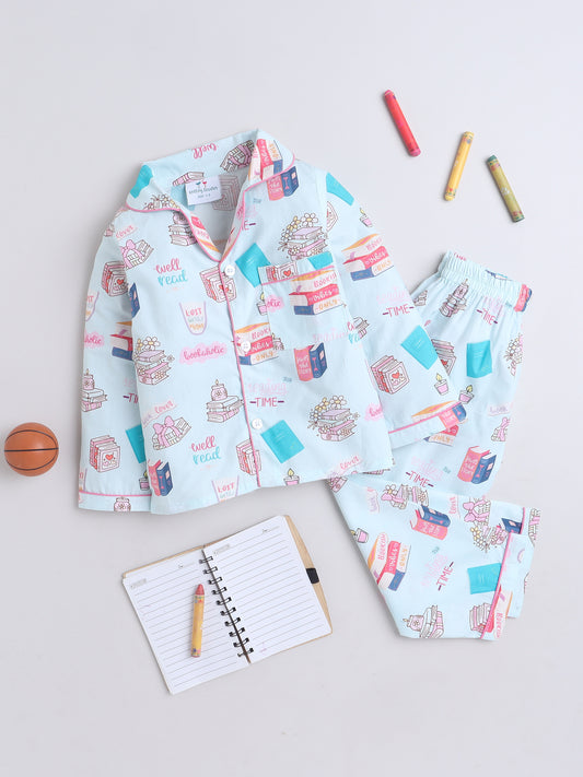 Books Print Nightsuit- Light Blue