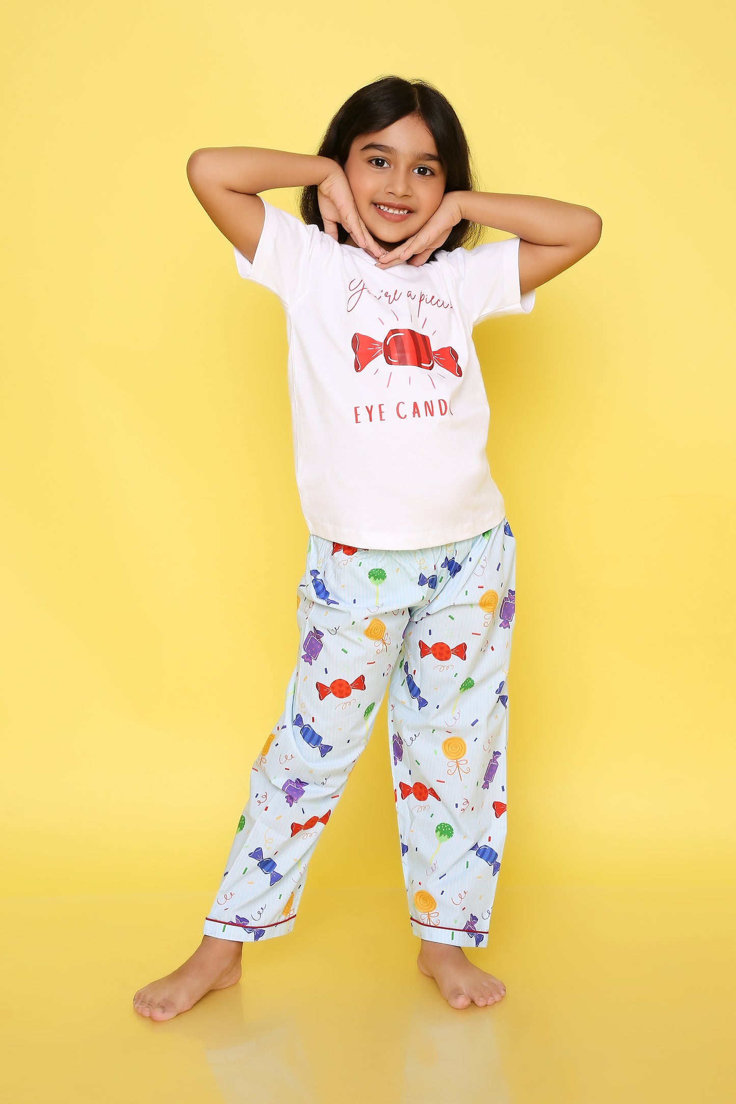 Knitting Doodles Premium Cotton Kids' Night suit with Candy print t-shirt and Pyjama- White and Blue