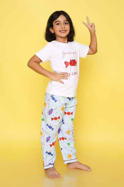 Knitting Doodles Premium Cotton Kids' Night suit with Candy print t-shirt and Pyjama- White and Blue