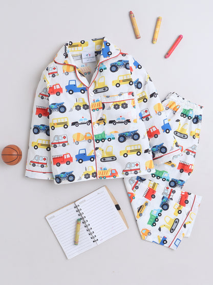 Cars Print Nightsuit- White