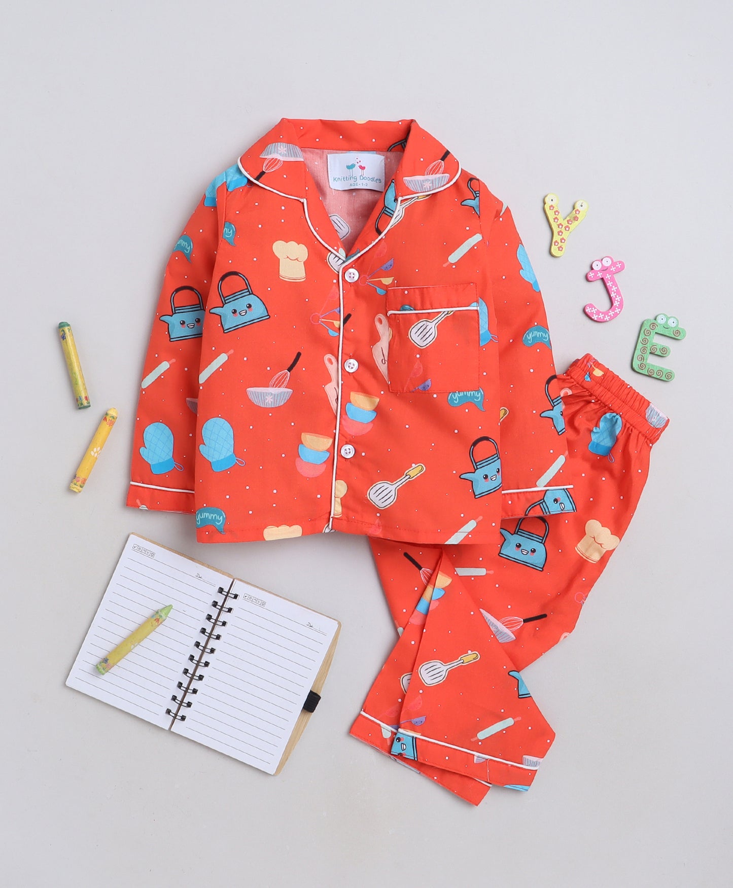 Knitting Doodles Premium cotton Kids' Notched Collar Night suit in cute Baker Print- Red