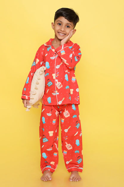 Knitting Doodles Premium cotton Kids' Notched Collar Night suit in cute Baker Print- Red