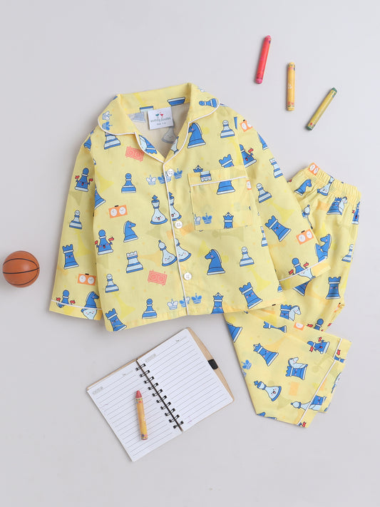 Chess Print Nightsuit- Yellow