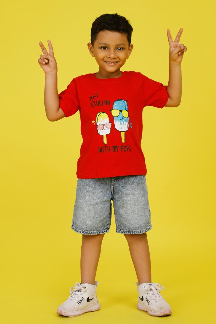 Knitting Doodles Pure cotton Boys' Red t-shirt with Chilling with pops print- Red