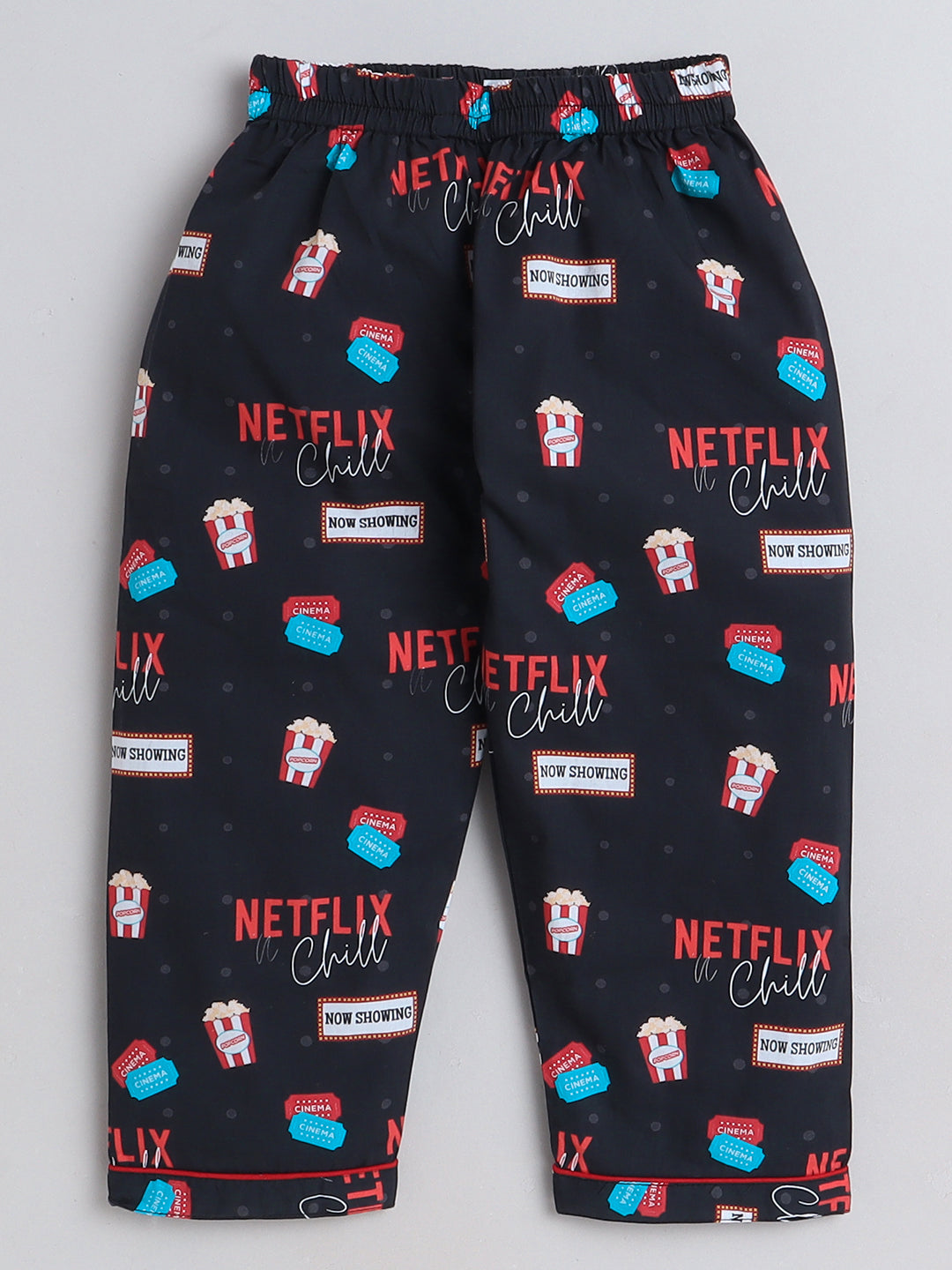 Popcorns and Movie Print Night Suit- Black