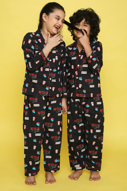 Popcorns and Movie Print Night Suit- Black