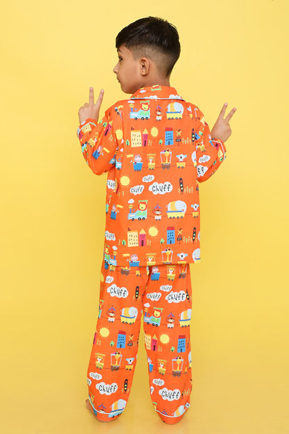 Knitting Doodles Premium cotton Kids' Notched Collar Night suit in adorable animals on a Trains Print- Orange